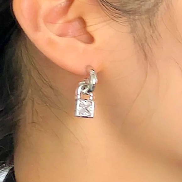 Sterling Silver Zircon Lock Minimalist Hoop Earrings - Picture 3 of 4